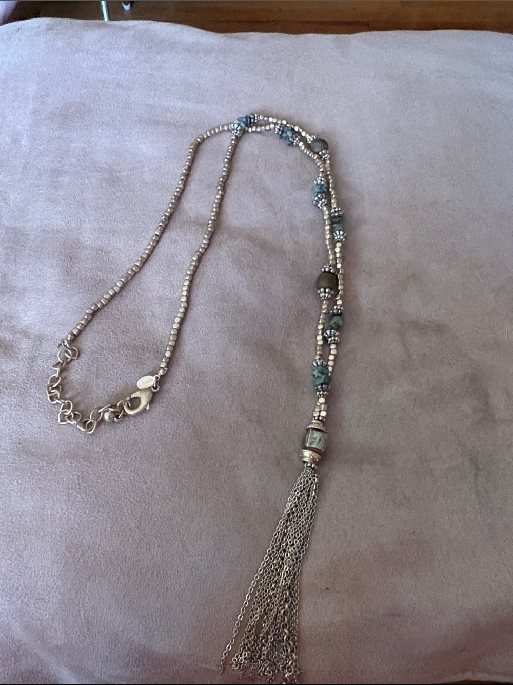 Chico’s Gold Beaded Tassel Necklace with Turquoise Accents